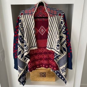 Yahada Red Navy Cream Patterned Open Front Sweater Cardigan